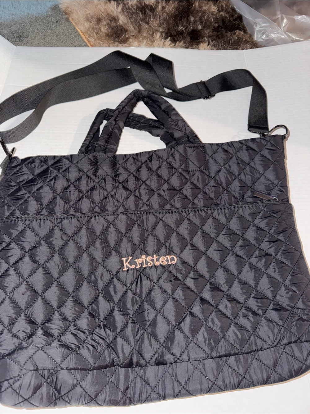 Personalized Quilted Black Tote with Shoulder Strap - "Kristen"